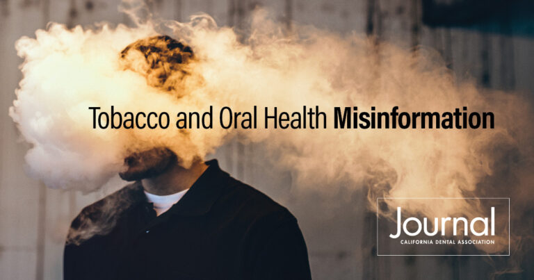 The words "Tobacco and Oral Health Misinformation" appear over a person whose face is obscured by a cloud of smoke