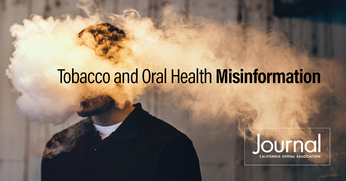 The words "Tobacco and Oral Health Misinformation" appear over a person whose face is obscured by a cloud of smoke