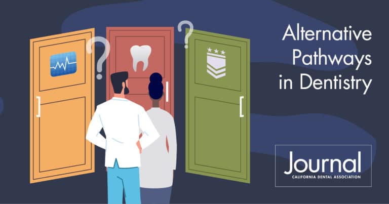 Alternative Pathways in Dentistry Two question marks appear above three doors suggesting different types of dental careers At bottom: Journal California Dental Association