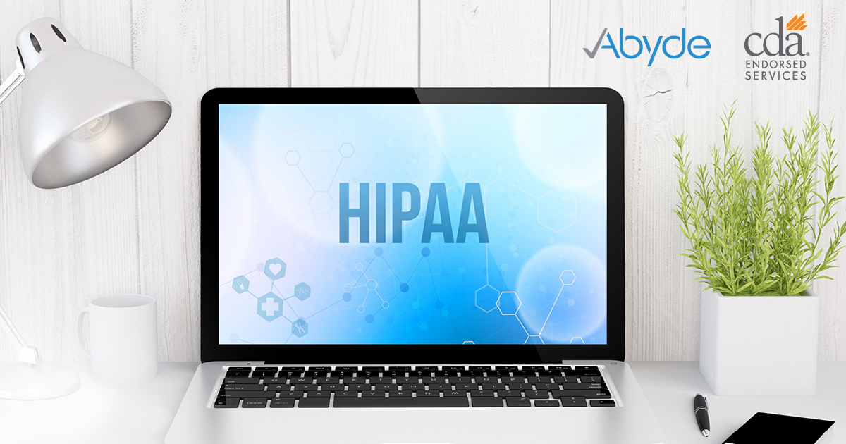 The word HIPAA appears on an open laptop screen. In corner are logos for CDA Endorsed Services and Abyde