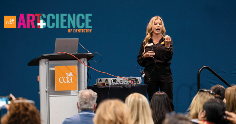 Speaker Lisa Byers in front of audience at a past CDA Presents The Art and Science of Dentistry