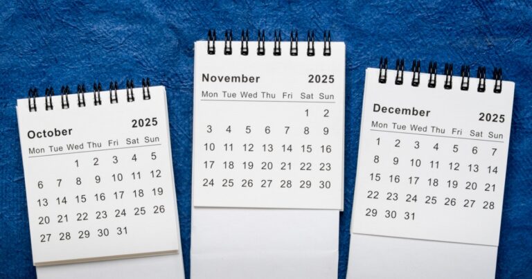 Three spiral calendars depict the full months of October, November and December 2025