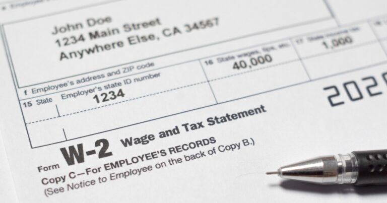 Partial image of a Form W-2 Wage and Tax Statement for "John Doe" at a fictional address. Bottom reads: Copy C - For Employee's records